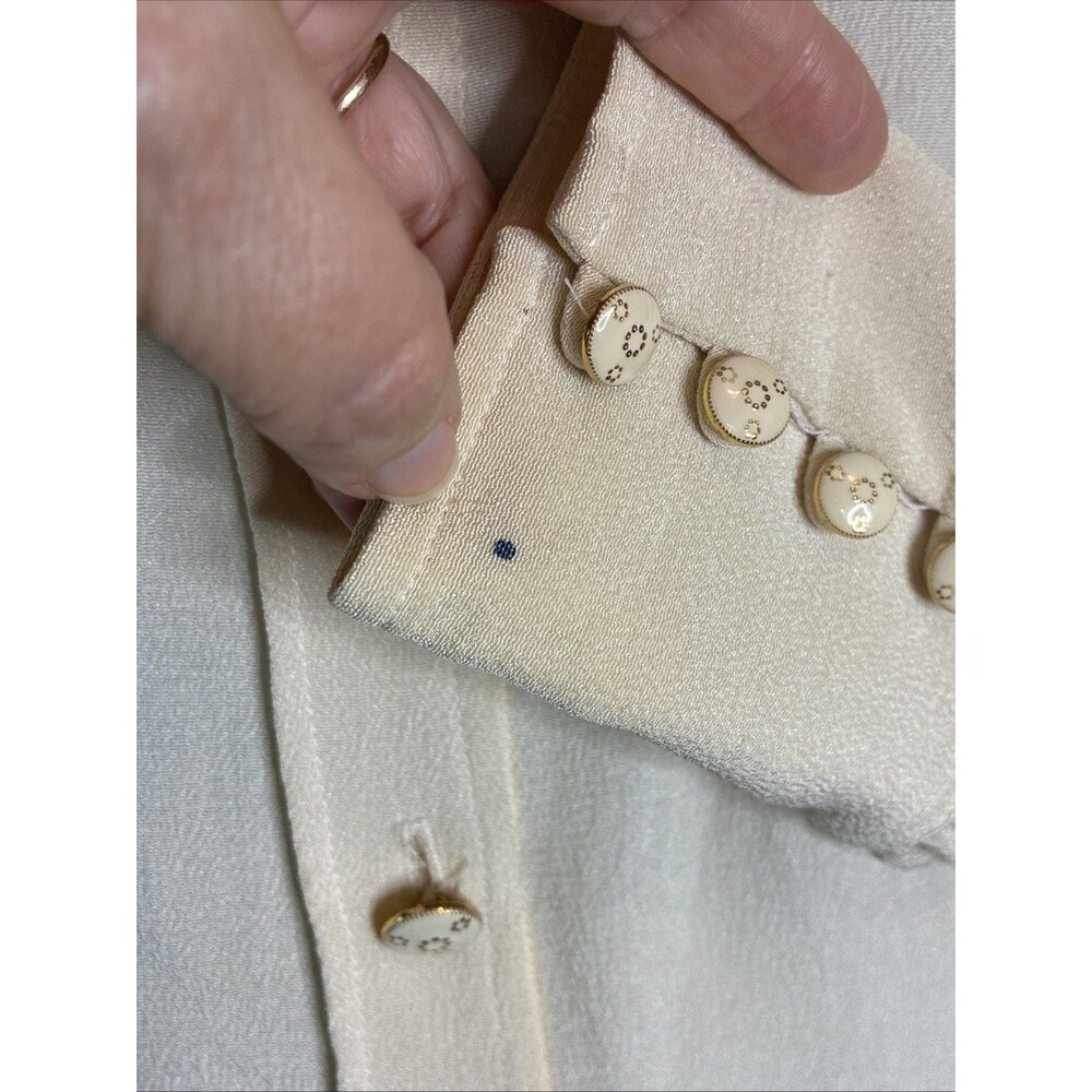Trina Turk Long Sleeve Blouse Small? Ivory Statement Cuff Gold Buttons STAINS - Picture 14 of 16